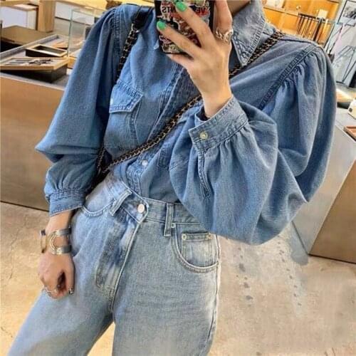 Turn-Down Collar Puff Long Sleeved Denim Shirt For Women 2021 Korean Spring New Loose Vintage Solid Color Blue Plus Size Blouse