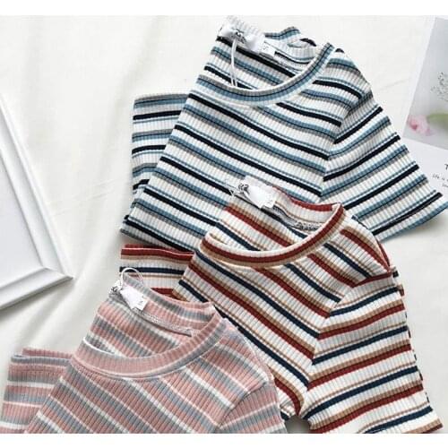 Woman TShirts 2021 Summer Stripes Short-Sleeved T-Shirts Womens Knit Shirt Crop Top Mujer Camisetas
