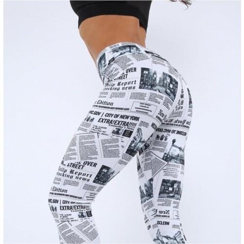 Women Print Workout Leggings Sexy Fitness Sports Casual Pants Newspaper Letter Black White Fitness Summer 2019
