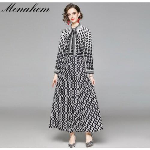 Menahem 2021 Autumn Vintage Houndstooth Chain Print Long Dress Women Elegant Long Sleeve Bow Collar Button Maxi Party Vestidos