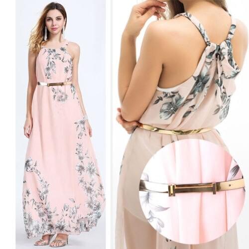 Ladies Summer Long Maxi Evening Party Dress Sleeveless Chiffon Casual Beach Long Floral Sashes Beach Dresses Sundress