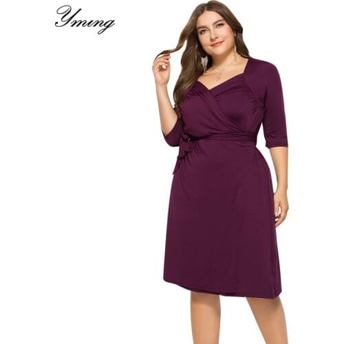 YMING Plus Size Wrap Women Dress Evening Party Casual Midi Dresses Short Sleeve V Neck Sundress Solid Vestidos Bodycon Dress