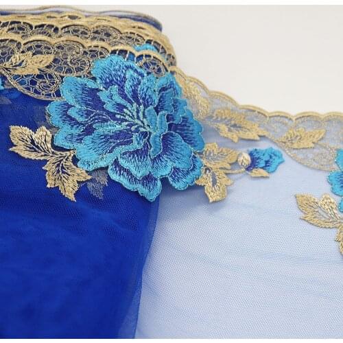 1Meter 25 CM Wide Sapphire Blue Floral Gold Leaves Embroidered Lace Trim Mesh Fabric For Bra Lingerie Underwear Dress Decor DIY