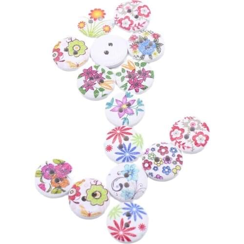 100 Pcs Printed Flowers Wooden Buttons For Scrapbooking Sewing Craft Randomly Mixed 2 Holes 1.5CM Wood Buttons Botones