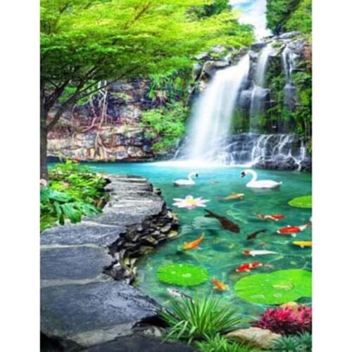 5D DIY Diamond Painting Square/Round Diamond Landscape Painting Valley Waterfall Lake Fish Beauty Pictures Cross Stitch TX556