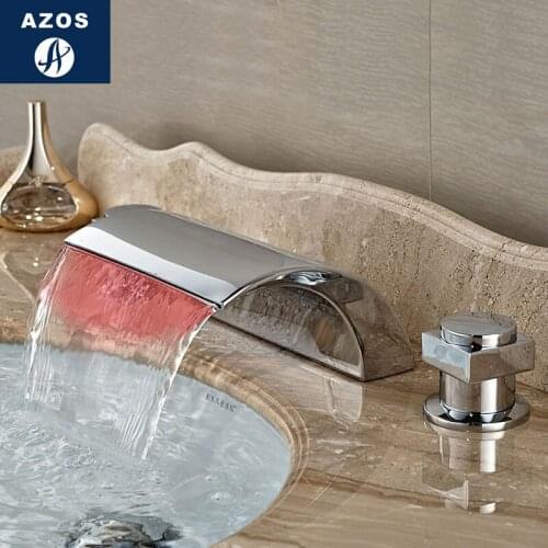 Azos Split FaucetDiscoloration Waterfall Brass Chrome Cold and Hot Switch Temperature Control LED Kitchen Below Counter Basin Ho
