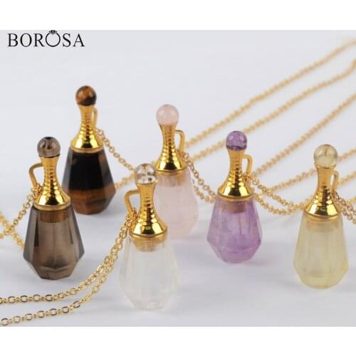 BOROSA 3Pcs 26inch Gild Amethysts Natural Stone Perfume Bottle Necklace Essential Oil Diffuser Rose Quartzs Necklace WX1223-N