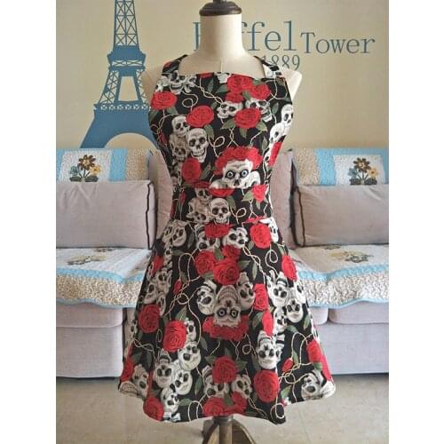 Black Skull Rose Retro Kitchen Apron Woman Cotton Cooking Salon Avental de Cozinha Divertido Pinafore Apron Dress Vintage