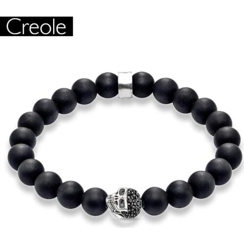 Europe Skull Bead & 10mm Beads Matt-black Obsidian Stretch Bracelet, Rebel 925 Sterling Silver Jewelry Heart Gift For Men