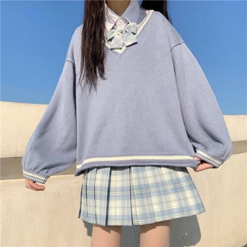 Elegant Mori Girly Blue Women Sweaters Autumn Casual Pullover V-Neck Preppy Style Knitting Jk Student Uniform Lady Sweater Mujer