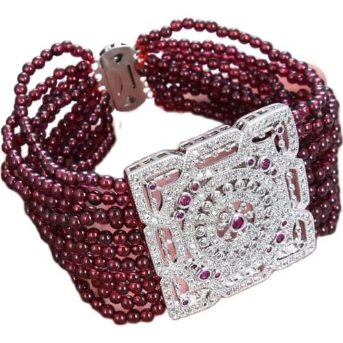 GG Jewelry 8'' 11Rows natural 4mm Round Garnet Bracelet cubic zirconia pave White Gold color plated square Connector