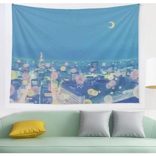 Sailor Moon Background City at Night Aesthetic tapestry Wall Hanging Tapestries for Living Room Bedroom Home Decor