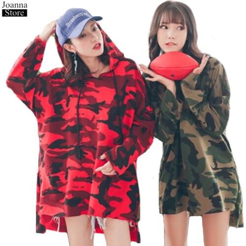 Camouflage 3XL Hoodies Women Sweatshirt Long Plus Size Red Green Hooded Dress Autumn Korean Kawaii Tops Streetwear Spring Bluzy