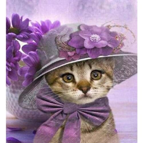 5D DIY Diamond Painting Animal Figure Wearing Hat Kitten Picture Square/Round Diamond Cross Stitch Decoration Artwork WG3042