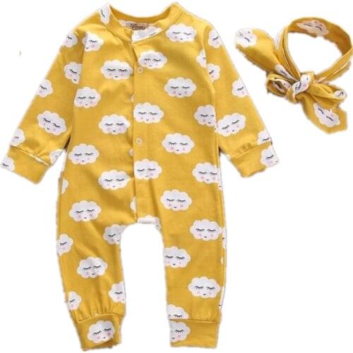 Newborn Infant Baby Girl Clothes Sets Cloud Print Cotton Long Sleeve Long Romper Jumpsuit +Headband 2 Pcs Outfits Sets