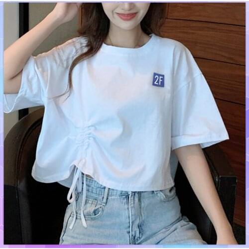 Summer Sexy Crop Top White Shirt Women Harajuku Tee Shirt High Waist Short Sleeve Crop Top Lace Up Loose Korean T-Shirts Blusas