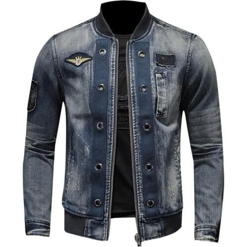 Fashion mens denim flight bomber jacket vintage jeans ma1 pilot coat retro outwear tops mandarin collar plus size M-5XL