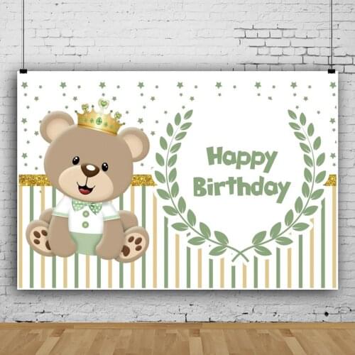 Laeacco Stripe Cartoon Toy Bear Gold Crown Star Pattern Background Child Birthday Decor Customized Banner Photography Backdrop