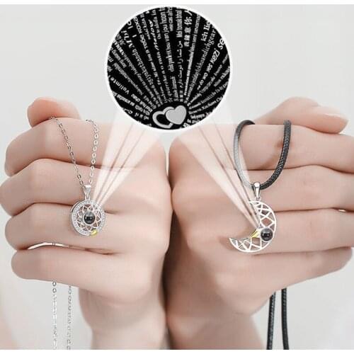 Magnetic Couple Necklaces 100 Languages I Love You Projection Sun Moon Pendant Necklace Women Men Lovers Magnet Valentine Gifts
