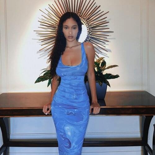 WJFZQM Fashion Off Shoulder Bodycon Sexy Dress Women Sleeveless Party Y2K Print Backless Beach Dress 2021 Summer Blue Midi Dress