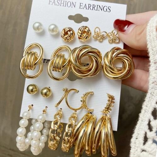 Trendy Big Pearl Drop Earrings Set For Women Fashion Gold Geometric Circle Chain Earrings 2021 NEW Set of Earrings Jewelry