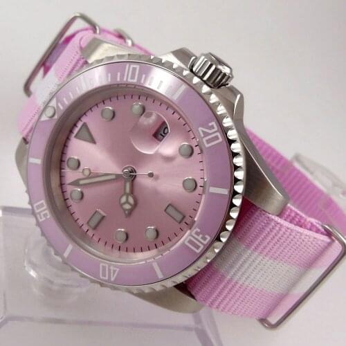 40MM pink Dial Sapphire Glass Ceramic Bezel Date Seeing Case Back MIYOTA 8215 Automatic Mens Wristwatch