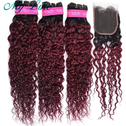 My Like Brazilian Hair Weave Ombre Bundles with Closure 1b/99j Red Burgundy Water Wave Human Hair Bundles with Closure Non-remy