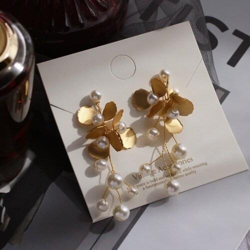 FFLACELL 2020 New Korean Gold Color Imitation Pearls Leaves Tassel S925 Hook Up Drop Earrings for Women Fashion Jewelry Party