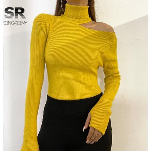 SINGREINY Autumn Turtleneck Knitted Pullovers Women Design Hollow Off Shoulder Slim Knit Tops Winter Fashion Korean Warm Sweater