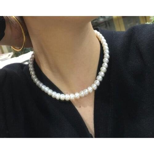 10mm white half round real Pearl choker necklace gold clasp natural Freshwater PEARL Women Jewelry 17'' 43cm 35cm