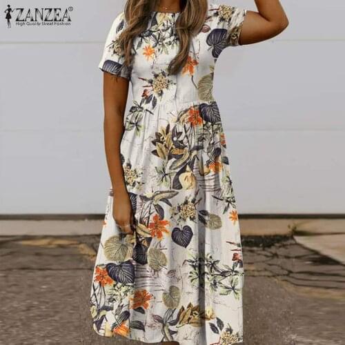 ZANZEA Women Short Sleeve Floral Print Dress Summer Sundress Vintage Party Holiday Midi Vestidos Oversize O Neck Robe Femme