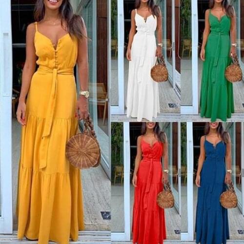 Fashion Sexy Women Sleeveless Backelss Summer Dress 2021 Yellow White Casual Dress Spaghetti Strap Dresses Button Long Dress
