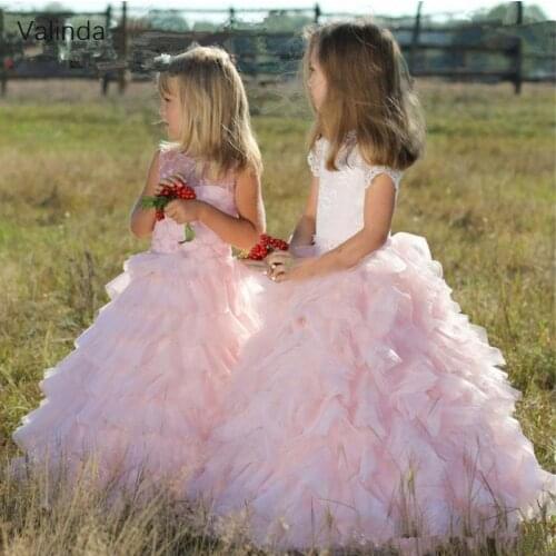 Short Sleeves Tiered Flower Girl Dresses Formal Pageant Gowns