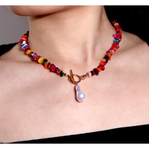 Multi Colors Chips Strand with OT Toggle- Clasp Women`s Fashion Baroque Irregular Pearl Pendant Necklace