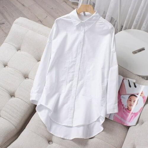 Cotton 100% White Women Shirts Summer New Design Casual All Match Pocket Loose Office Lady Outwear Coats Tops