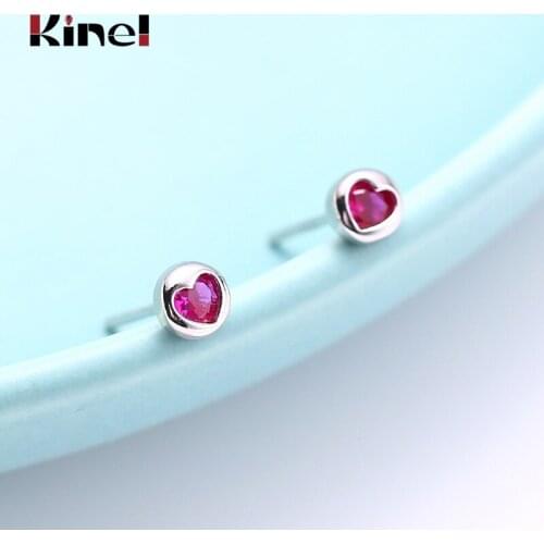 Kinel Luxury Female Small Red Zircon Love Heart Earrings For Women 100% Real Silver 925 Jewelry Christmas Gift