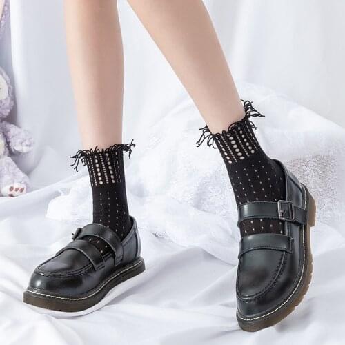 Japanese Cute Lolita Socks Elastic Comfortable Women Socks Black White Hollow Out Fishnet Sock Summer Thin Lace Ruffle Sock