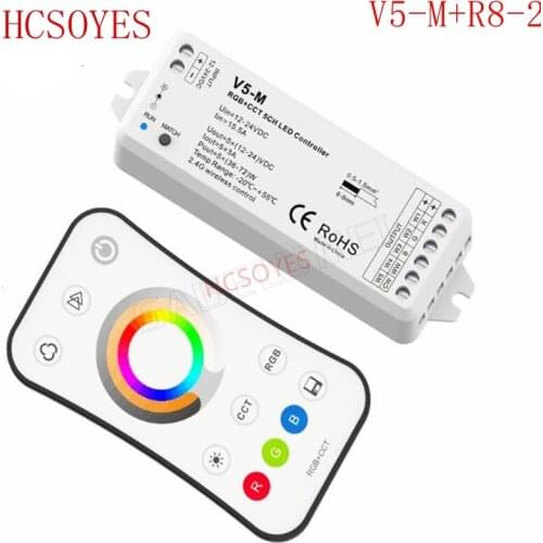 V5-M+R8-2 DC12V - 24V 5CH 2.4G RF RGB+CCT LED Controller Color temperature brightness control for RGB+CCT LED Tape Strip light