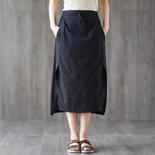 Oversized Vintage Cotton Linen Women Skirts 2021 Summer High Waist Bandage Knee-Length Female Skirts Top Quality