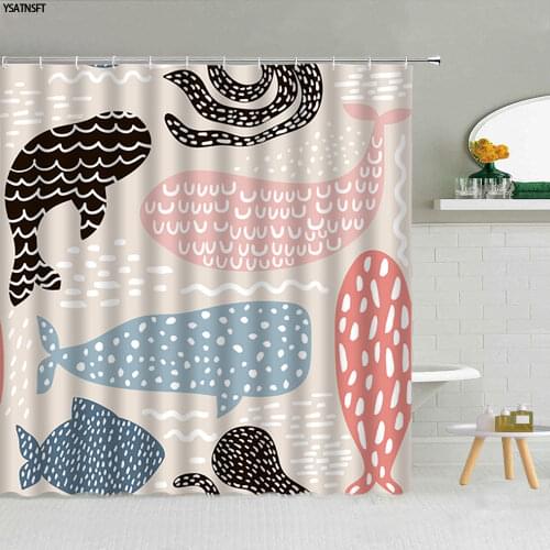 Cartoon Ocean Animal Whale Shower Curtain 3D Creative Geometric Stripes Pattern Bathroom Fabric Decor Cloth Curtains With Hooks