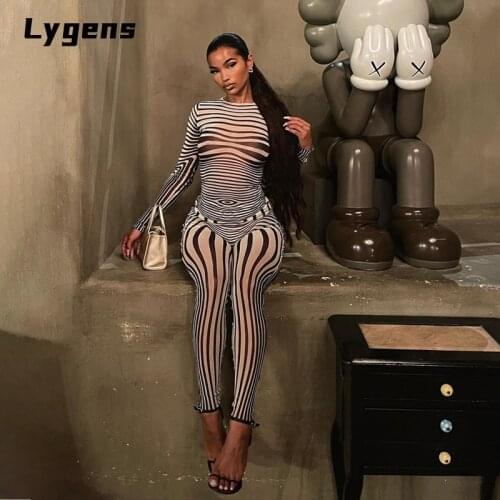 Lygens 2021 Autumn Winter Women Zebra Print See Through Long Sleeve Top Leggings 2 Piece Set Skinny Streetwear Fitness Outfits