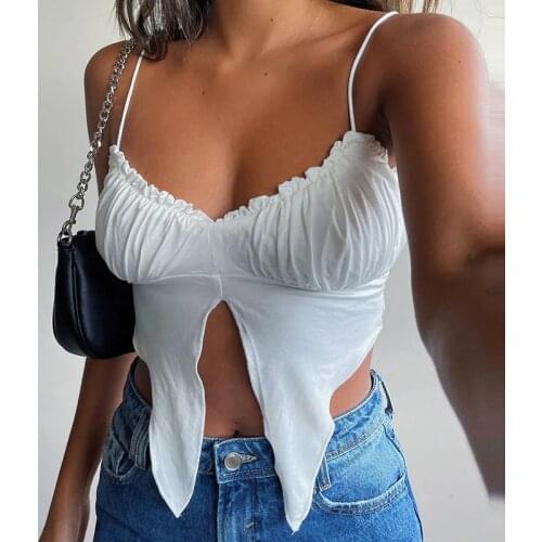 Y2k Tops Sexy White Bralette Camis 2021 Women Summer Sleeveless Hem Split Cropped Spaghetti Strap V Neck Tops Fashion Clothes