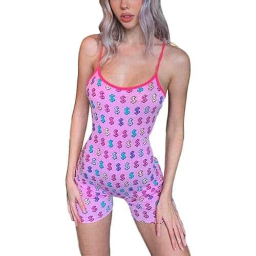 Women Bodycon Jumpsuit Sexy Bodysuit Sleepwear Slim Romper Shorts Leotard Sleeveless Strap Print Sling Jumpsuit Skinny