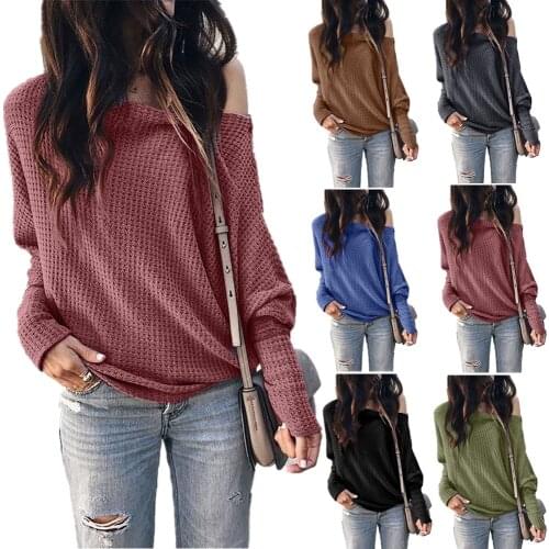 Fall/winter womens pullover One-neck Off-shoulder Lantern Sleeve Bat Top Ladies Solid Color The Casual Loose Large Size Sweater