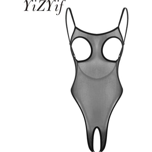 Womens Erotic Lingerie Thong Bodysuit One-piece See Through Sheer Mesh Lingerie Breast Hollow Out Backless Crotchless Nightwear