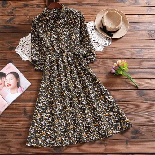 Spring autumn elegant mori girl sweet vestidos new design long sleeve floral corduroy dress for women fashion