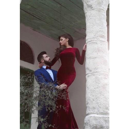 Burgundy Dubai Long Sleeves Evening Dress Cheap Velvet Arabic Formal Holidays Wear Graduation Party Gown Custom Made