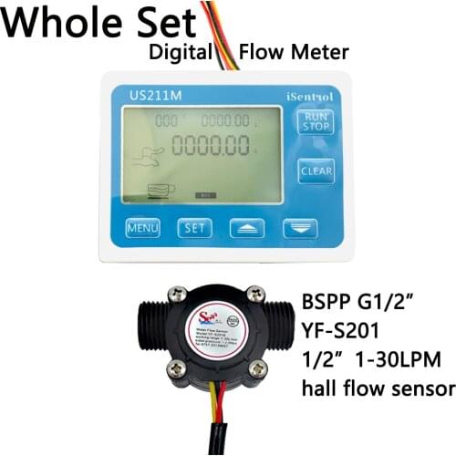 US211M Digital Flow Meter Totalizer Flow Measurement with YF-S201 Nylon Water Flow Sensor G1/2" Turbine Flowmeter iSentrol