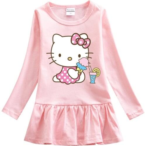 Sanrio Hello Kitty 2021 cartoon childrens long-sleeved T-shirt girls round neck cotton dress pleated kid baby skirt