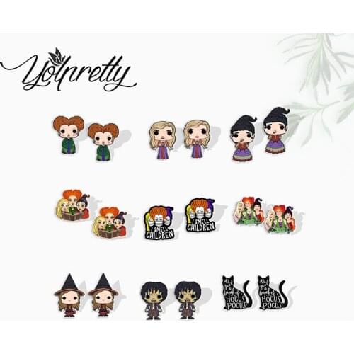 2021 New Halloween Funny Movies Bad Witch Hocus Pocus I Smell Children Handcraft Epoxy Acrylic Stud Earrings